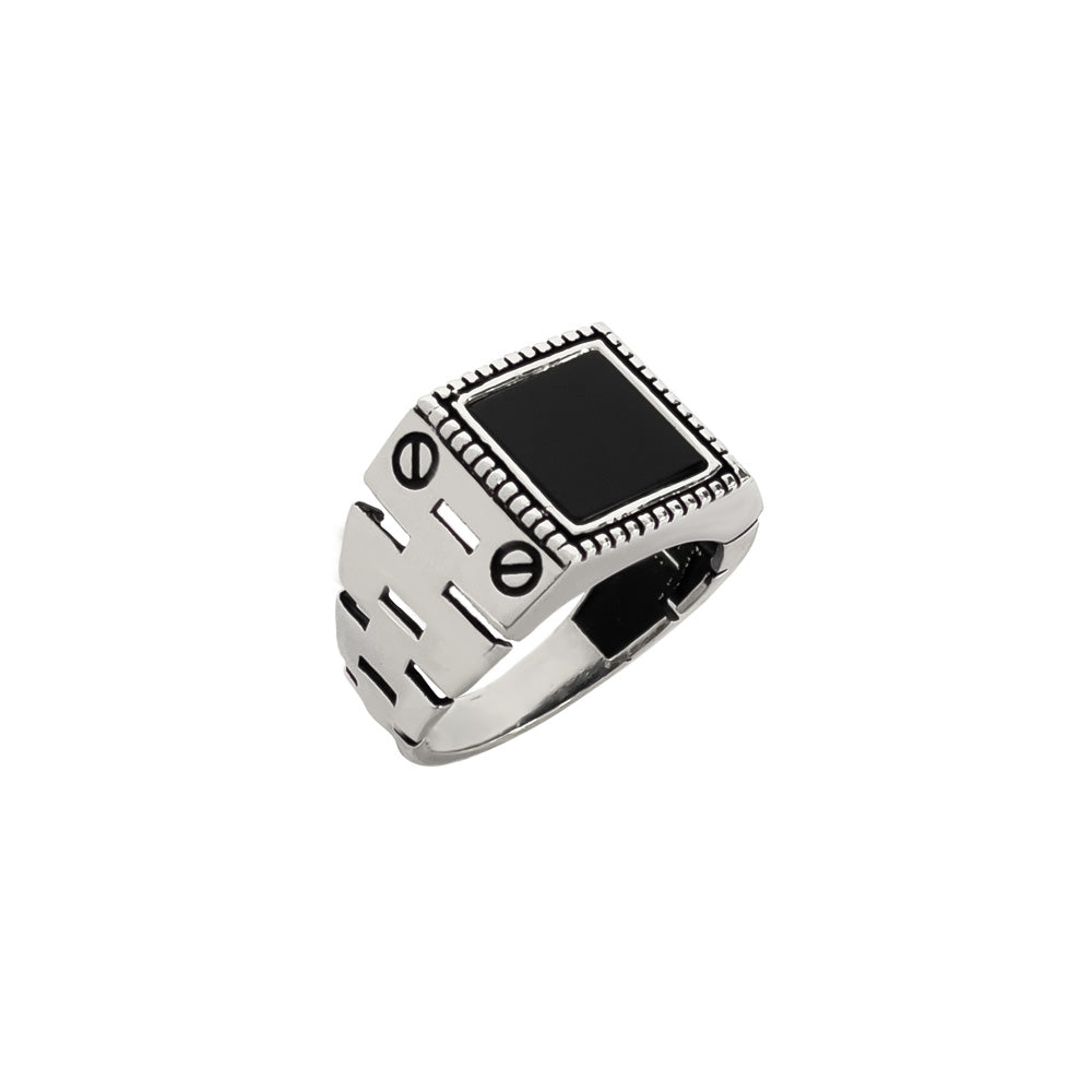 Herrenring aus 925 Sterling Silber mit schwarzem Stein, seitlich zu sehen