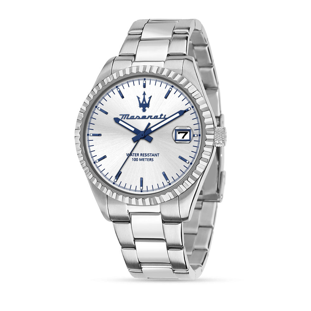 Frontbild von dem Herrenuhr, Maserati,Edelstahl, Silberner Zifferblatt, mit blauen Ziffern, Competizione, Datumanzeige