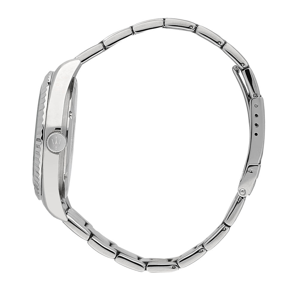Seitliche Sicht von dem Herrenuhr, Maserati,Edelstahl, Silberner Zifferblatt, mit blauen Ziffern, Competizione, Datumanzeige