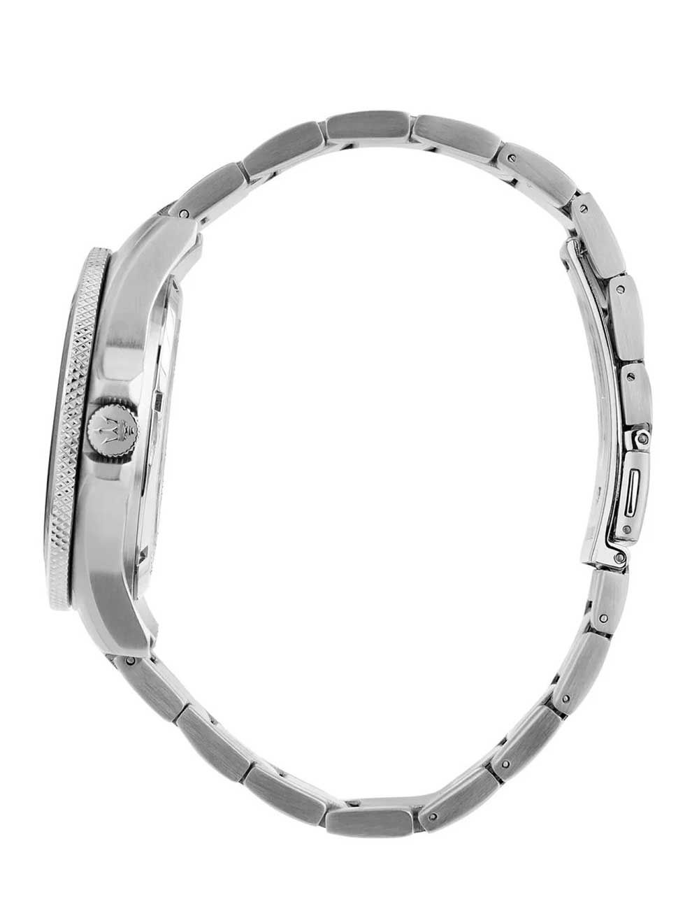 erikjuwelier presentiert die seitliche ansichht der edelstahlarmbbannduhr von maserati R8823100002
