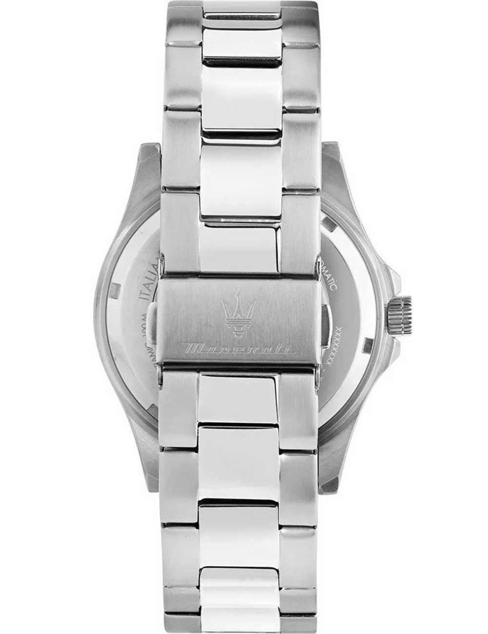 DIe Maserati R8823100002 Edelstahl Uhr mit schhwarzer lynette von erik julweier rücksicht