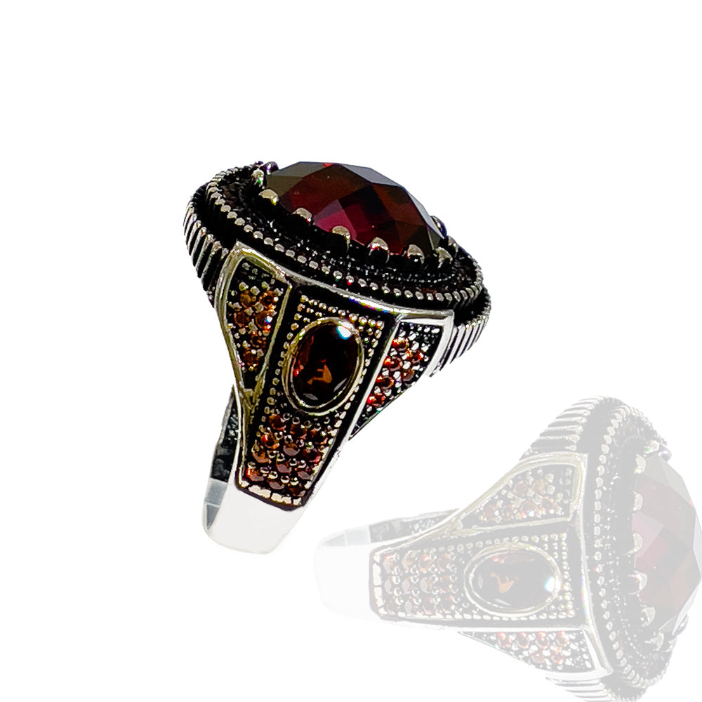 Herrenring 925 Sterling Silber mit roten Zirkonia