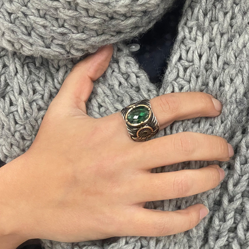 925 Sterling Silber HHerrenring, Ring der Sultane mit Grünen Smaragd Zirkonia