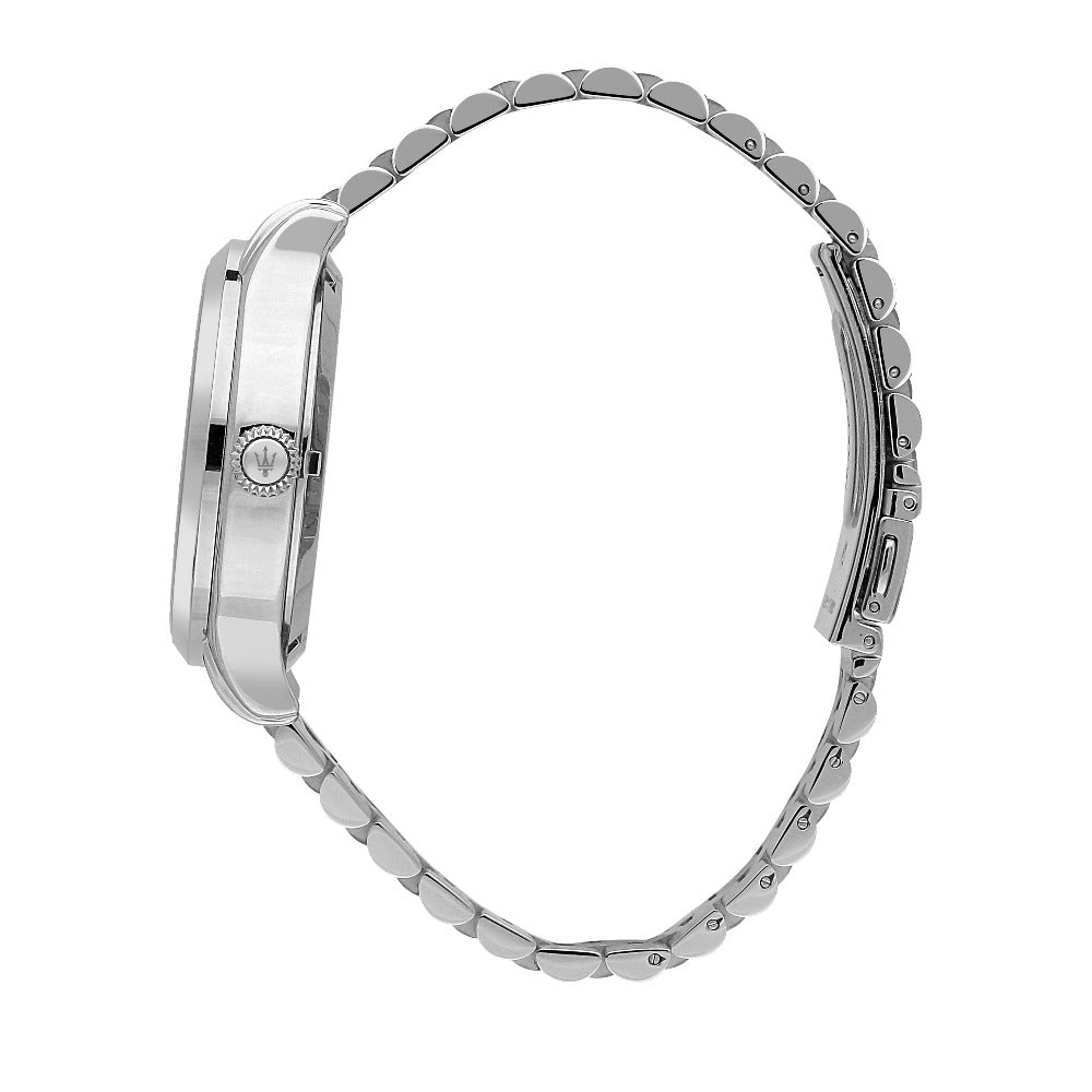 R8823118010 Maserati Herrenuhr seitliche sicht der verschruabtenkorne und der armbanduhr