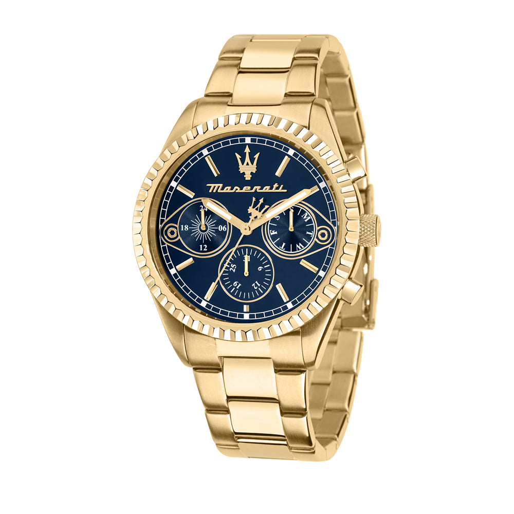 Maserati Herrenuhr In gold Chronographh mit weissem hintergrund