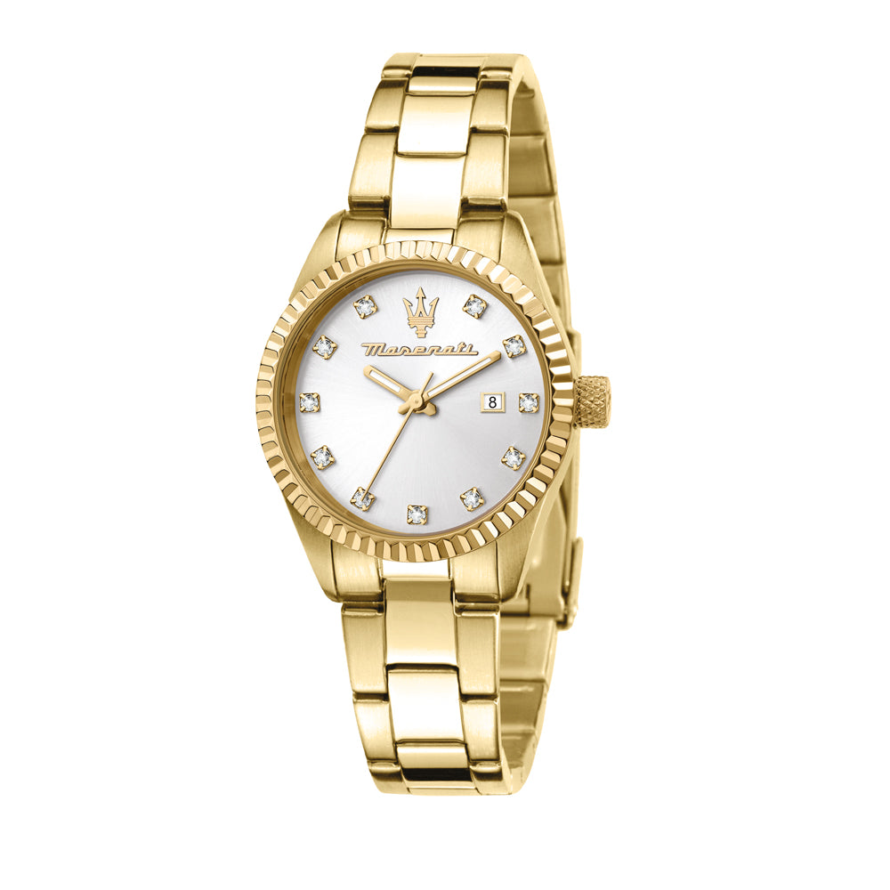 Gold Uhr mit weissem Zifferblat Maserati