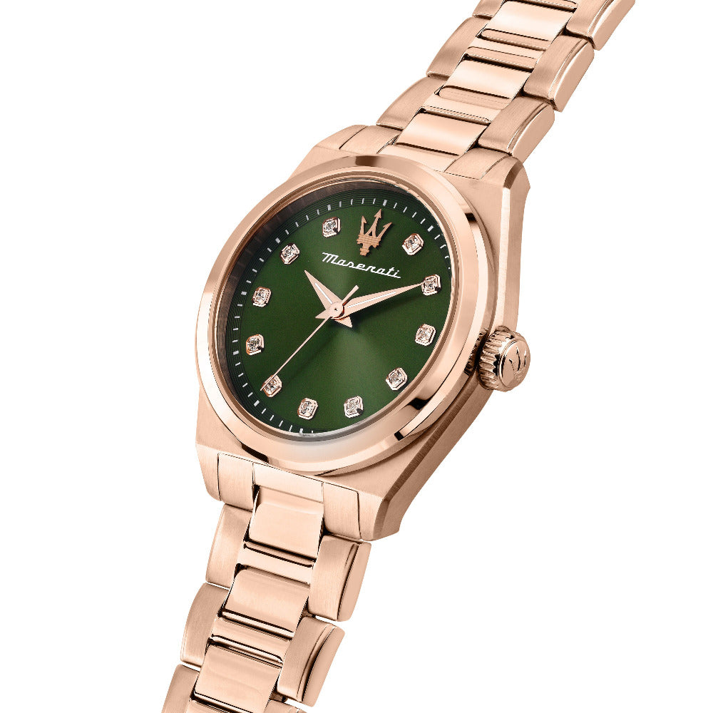 Elegante Damenuhr R8853152501 in Roségold mit Kristallen, schräglage der lady maserati