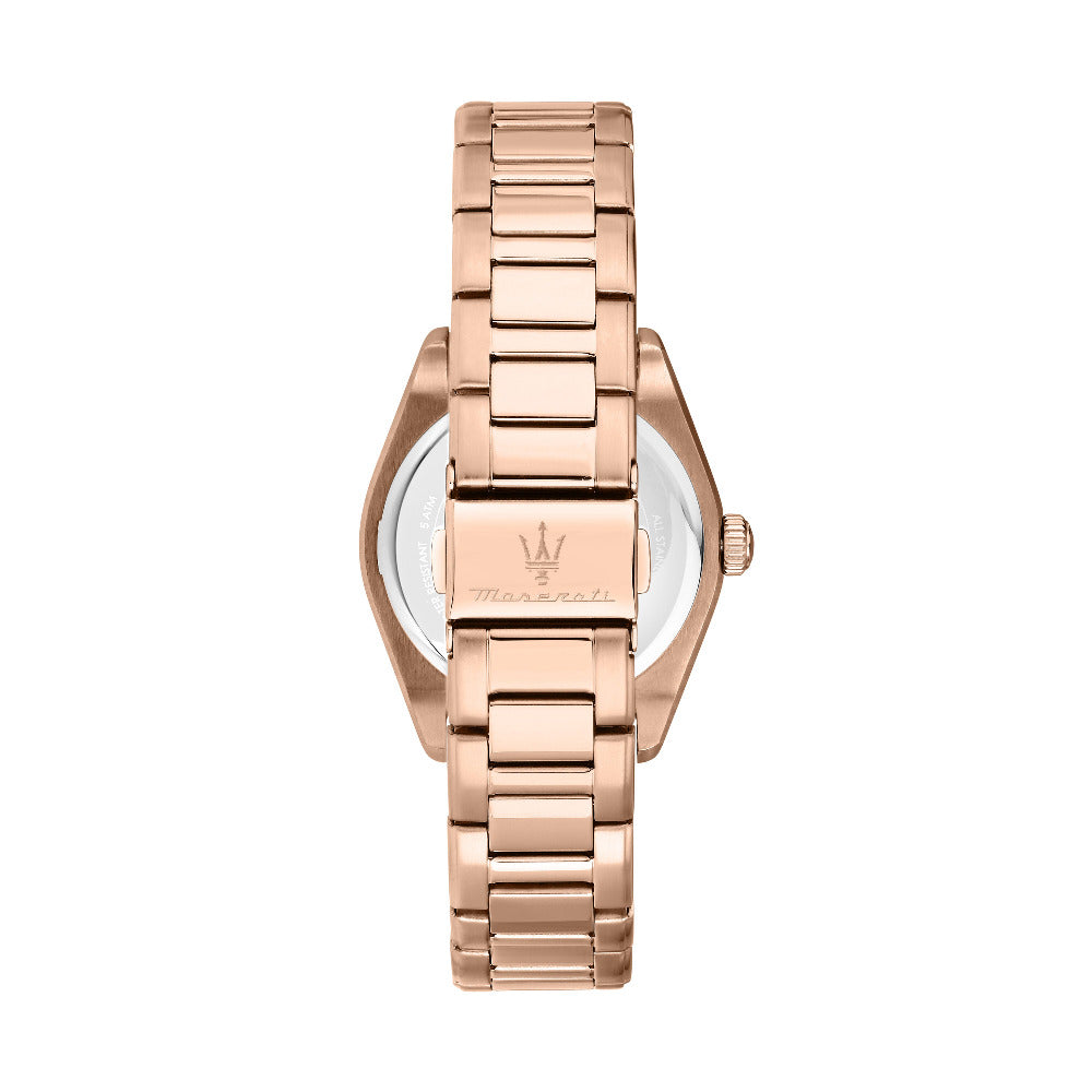 Luxus-Armbanduhr mit PVD-beschichtetem Edelstahl & Kristallindizes, rückseite der R8853152501 mit dem Maserati Logo