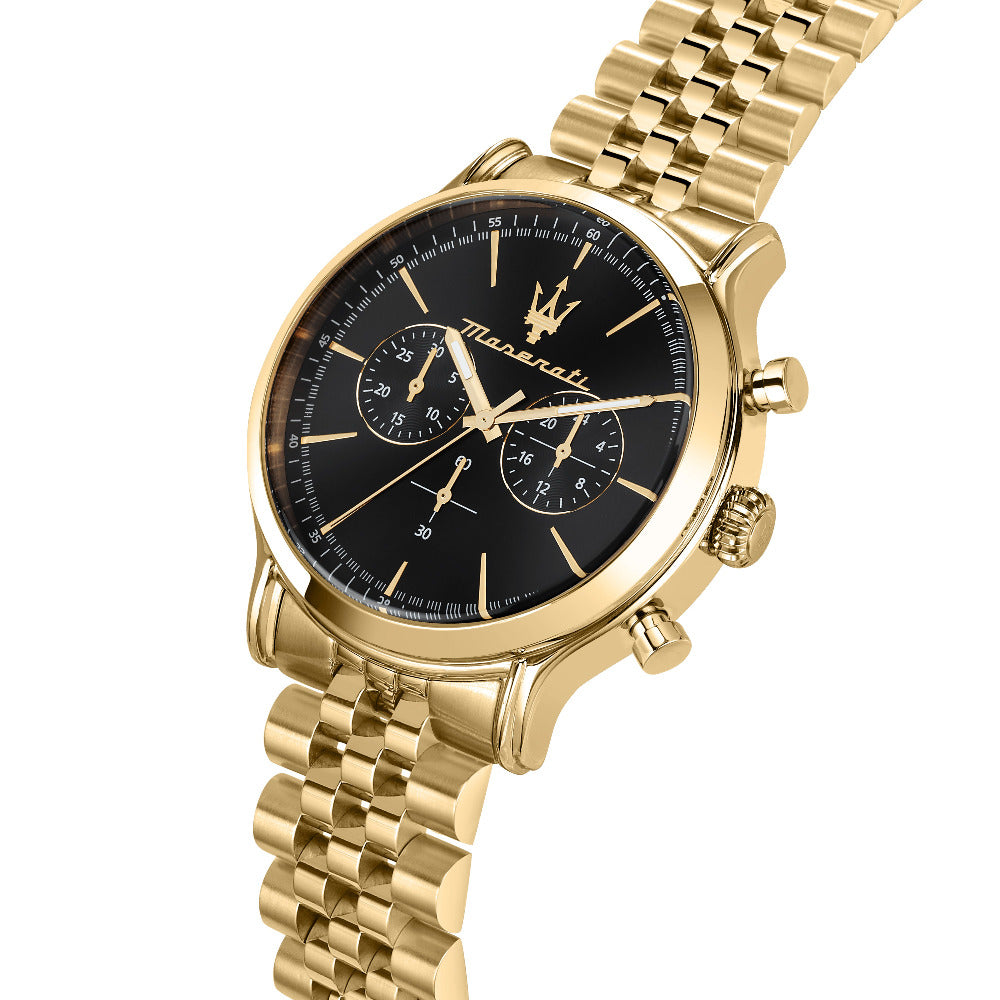 Maserati Epoca Vollgold Herrenuhr leicht gedrehte ansicht zur uhr und zum rolexarmband