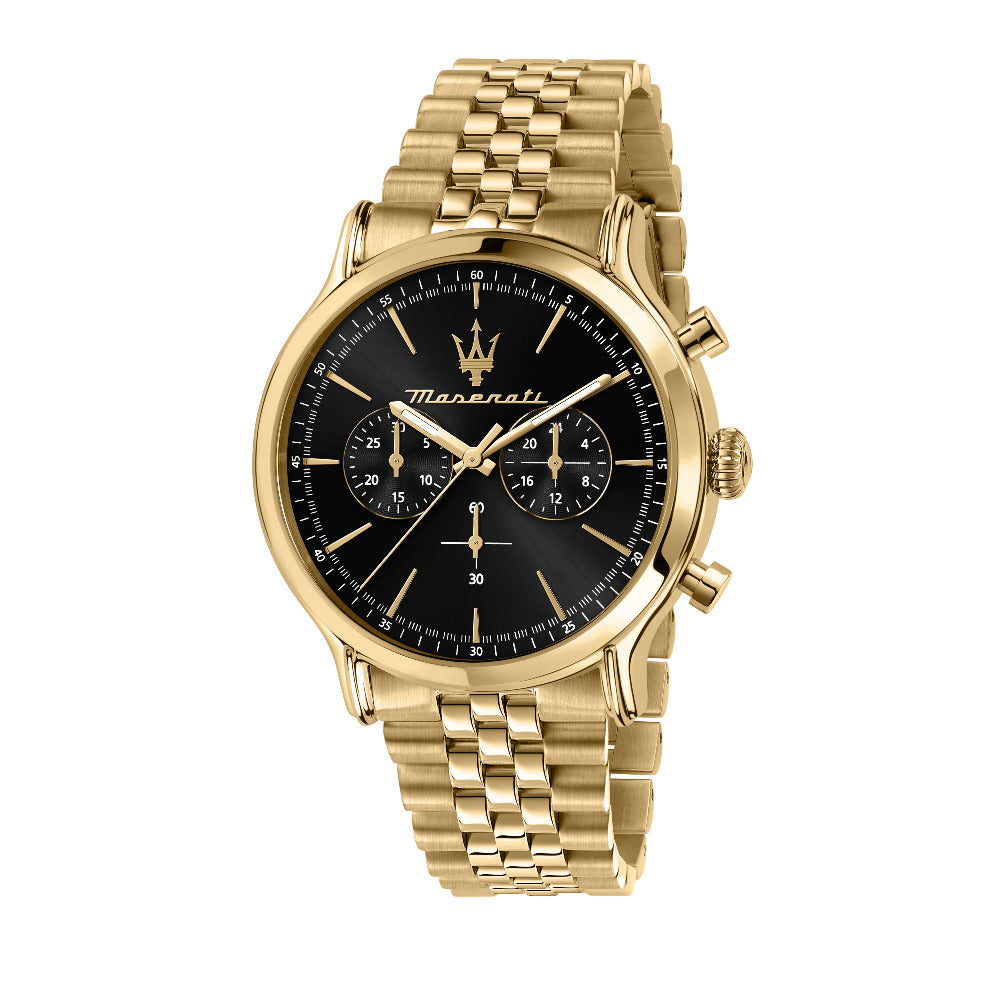 Maserati Epoca Vollgold Herrenuhr Klassisches Anzeigebild mit schwarzem ziffernblatt