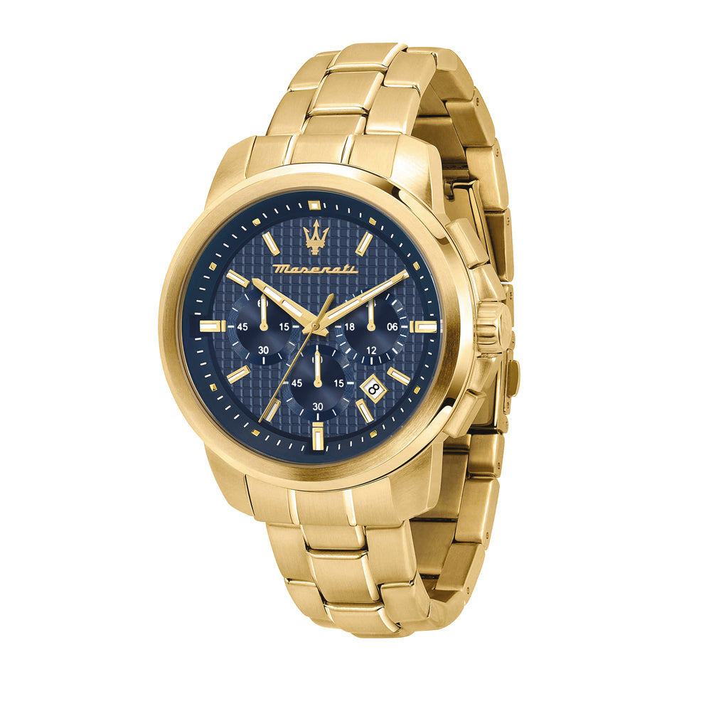 R8873621021 Maserati Goldene Armbanduhr mit blauen ziffernblatt chronograph mit datumanzeige