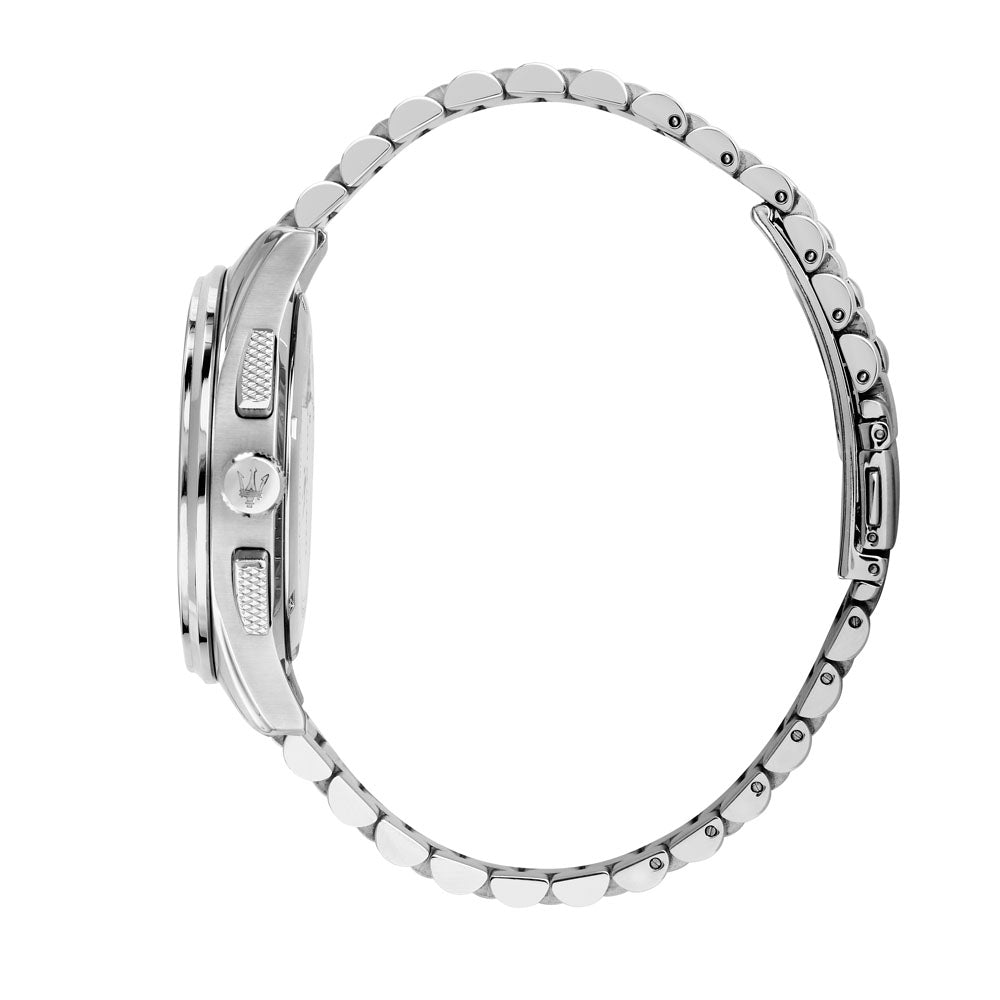 Die Seitliche sicht der uhr mit edelstahlarmbannd der Maserati Sorpasso