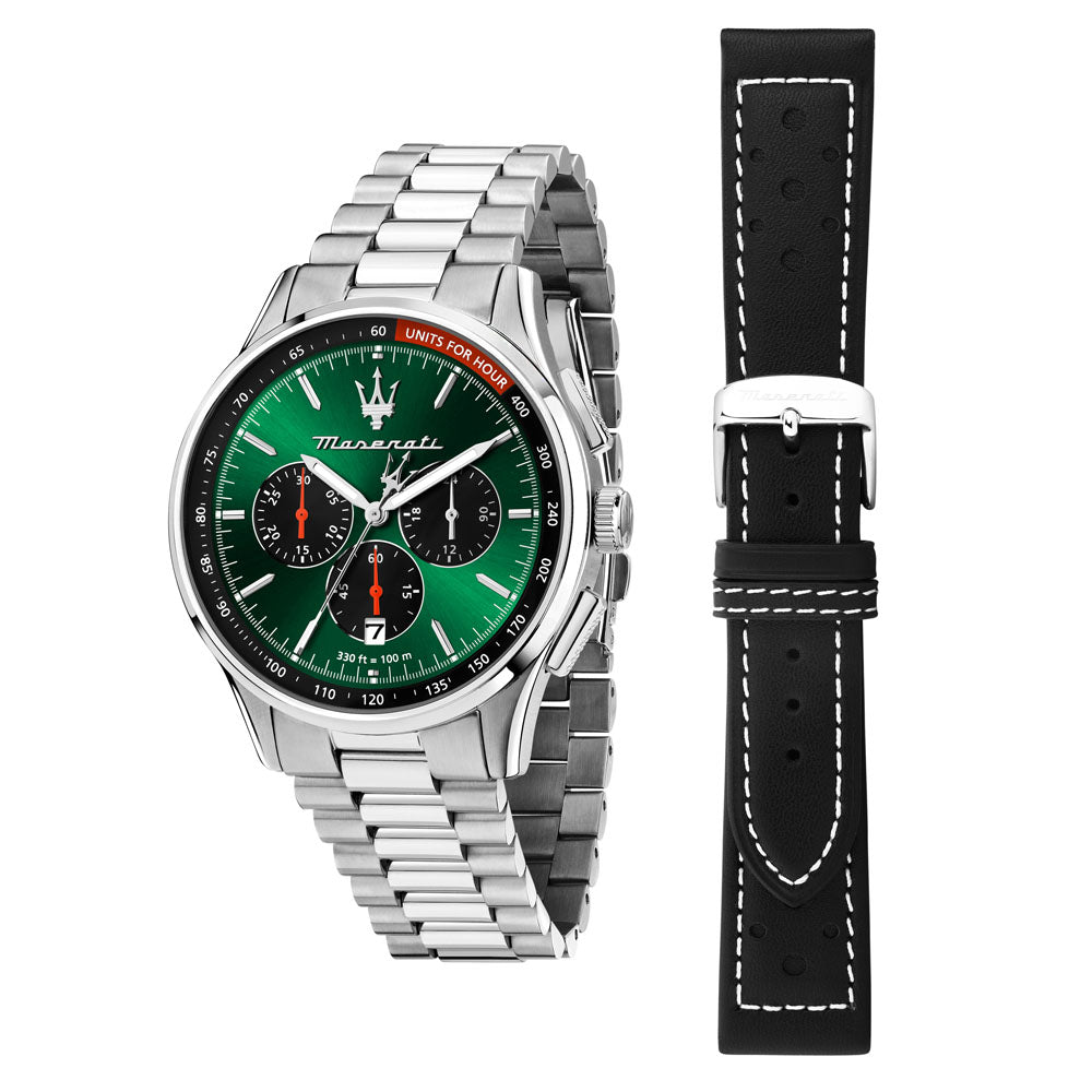 Maserati Sorpasso Herrenuhr sicht der Herrenuhr und das extra lederarmbandes in schwarz
