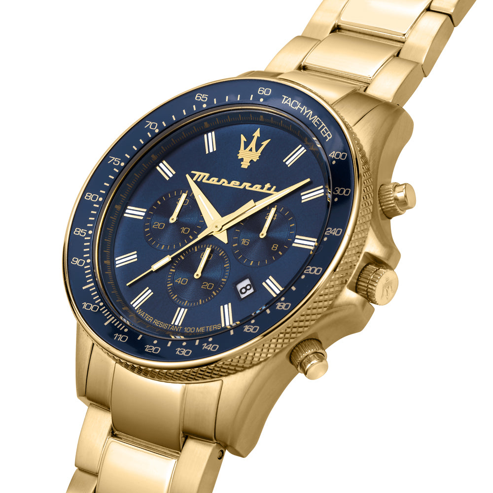 leicht schräge lage der Maserati Sfida Armbbanduhr mit blaunen tachymeter