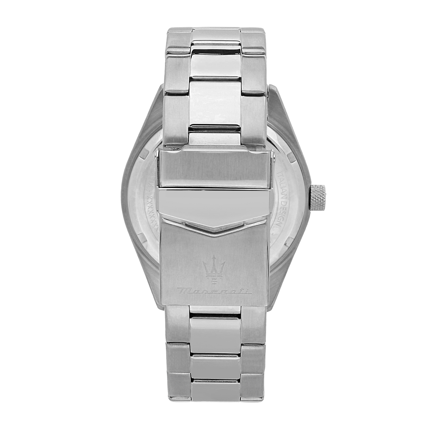 Rückseite mit der Faltschliesse von dem Herrenuhr, Maserati,Edelstahl, Silberner Zifferblatt, mit blauen Ziffern, Competizione, Datumanzeige