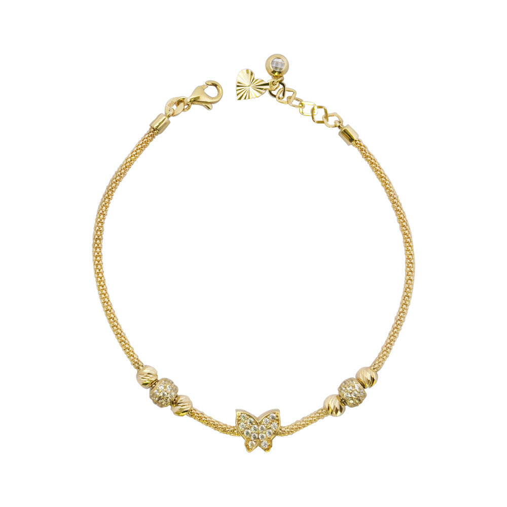 Goldarmband aus 85/14 Karat mit Schmetterlingmotiv, besetzt mit glitzden Zirkonia-Steinen, und Pave Kugeln. Länge:17,5 cm +2 cm Verlängerung,Karabinerverschluss, Anhhänger in Herzform und Zirkonia