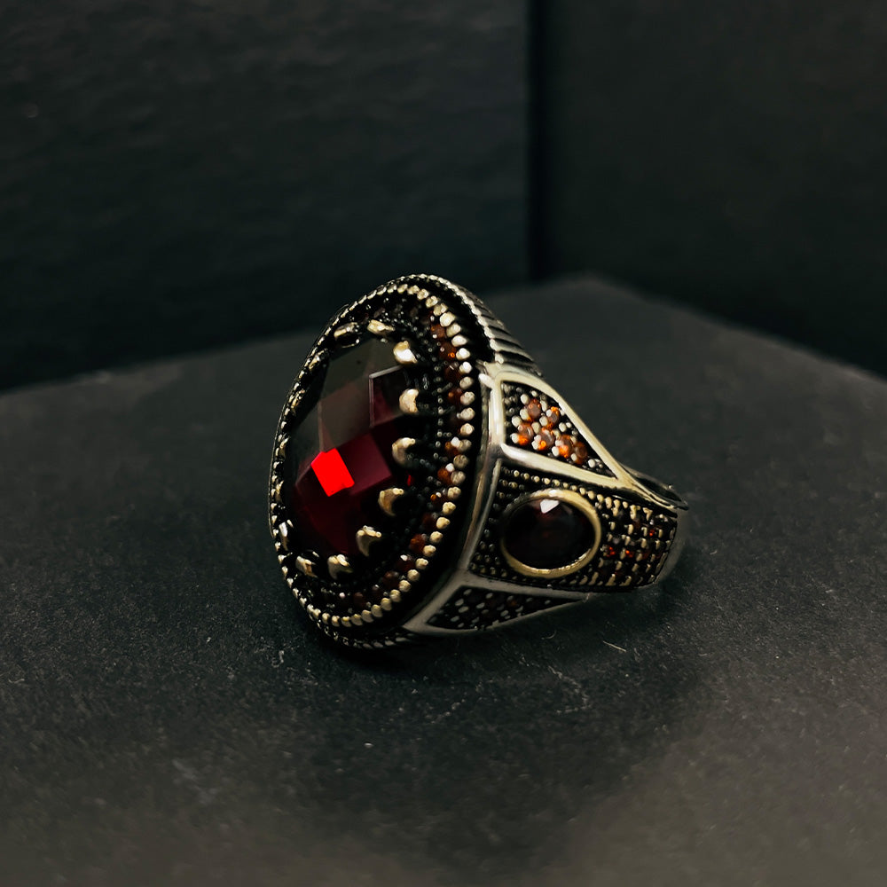 Herrenring 925 Sterling Silber mit roten Zirkonia