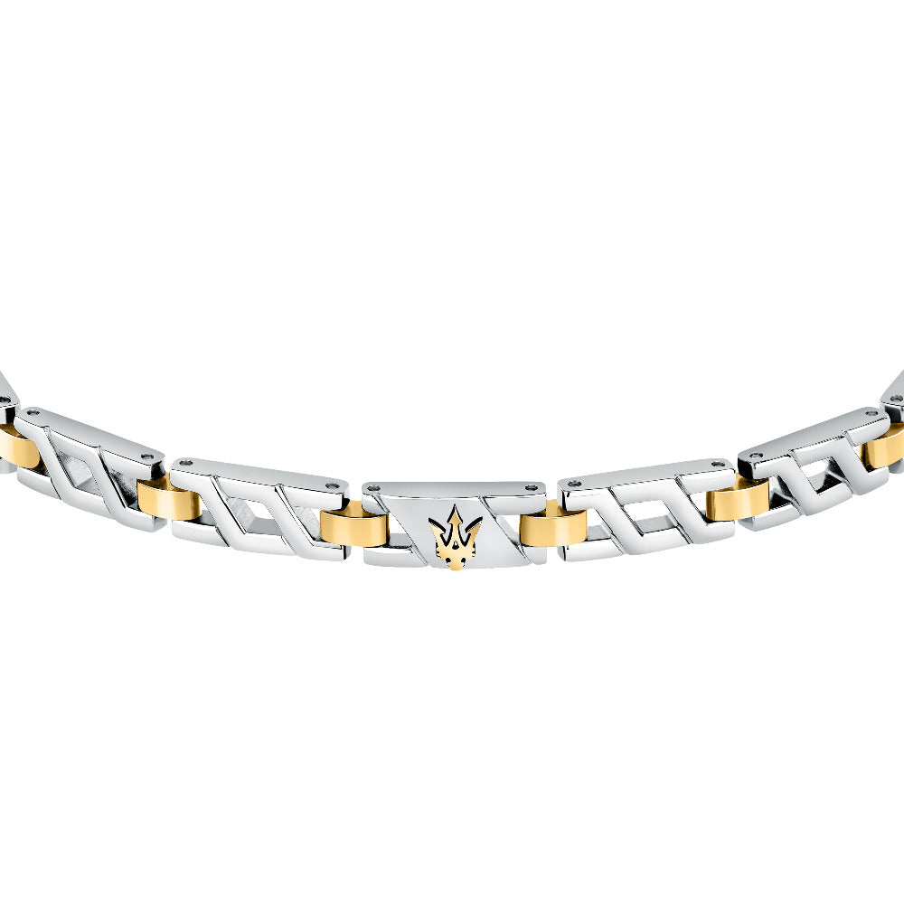 Maserati Iconic Armband in Silber-Gold-Optik, verziert mit dem markanten Dreizack-Logo – luxuriöses Accessoire für stilbewusste Männer.