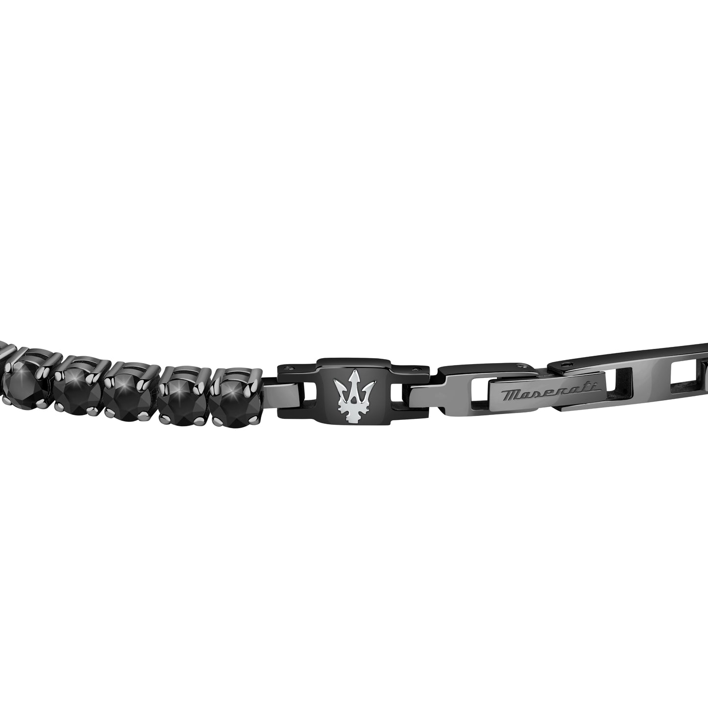 Maserati TennnisArmband in Edelstahl schwarz Jm222avc02 nahaufnahme des Logos mit dem dreizack