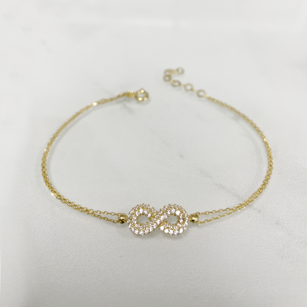 Elegante Damen-Armkette, Ankerkette mit Verlängerung, Federverschluss, 585/14 Karat. Gold, Unendlichkeitszeichen, Zirkonia. Jetzt kaufen, Frontansicht